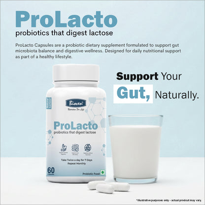 Bioven ProLacto Probiotic Capsules – 12.5 Billion CFU Lactobacillus Acidophilus | Supports Lactose Digestion & Gut Balance | Digestive Comfort Supplement for Adults | 60 Capsules