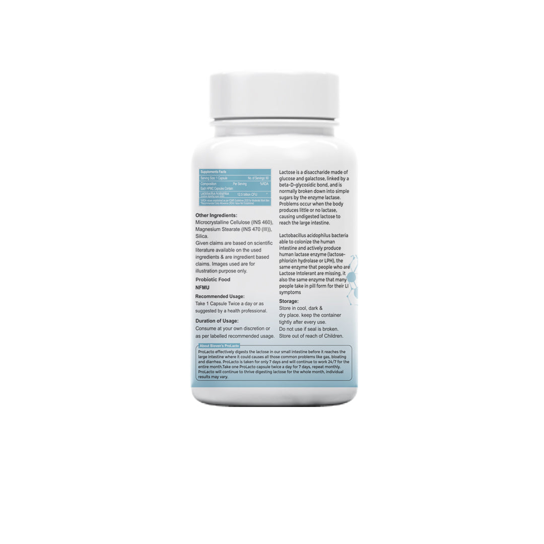 Bioven ProLacto Probiotic Capsules – 12.5 Billion CFU Lactobacillus Acidophilus | Supports Lactose Digestion & Gut Balance | Digestive Comfort Supplement for Adults | 60 Capsules