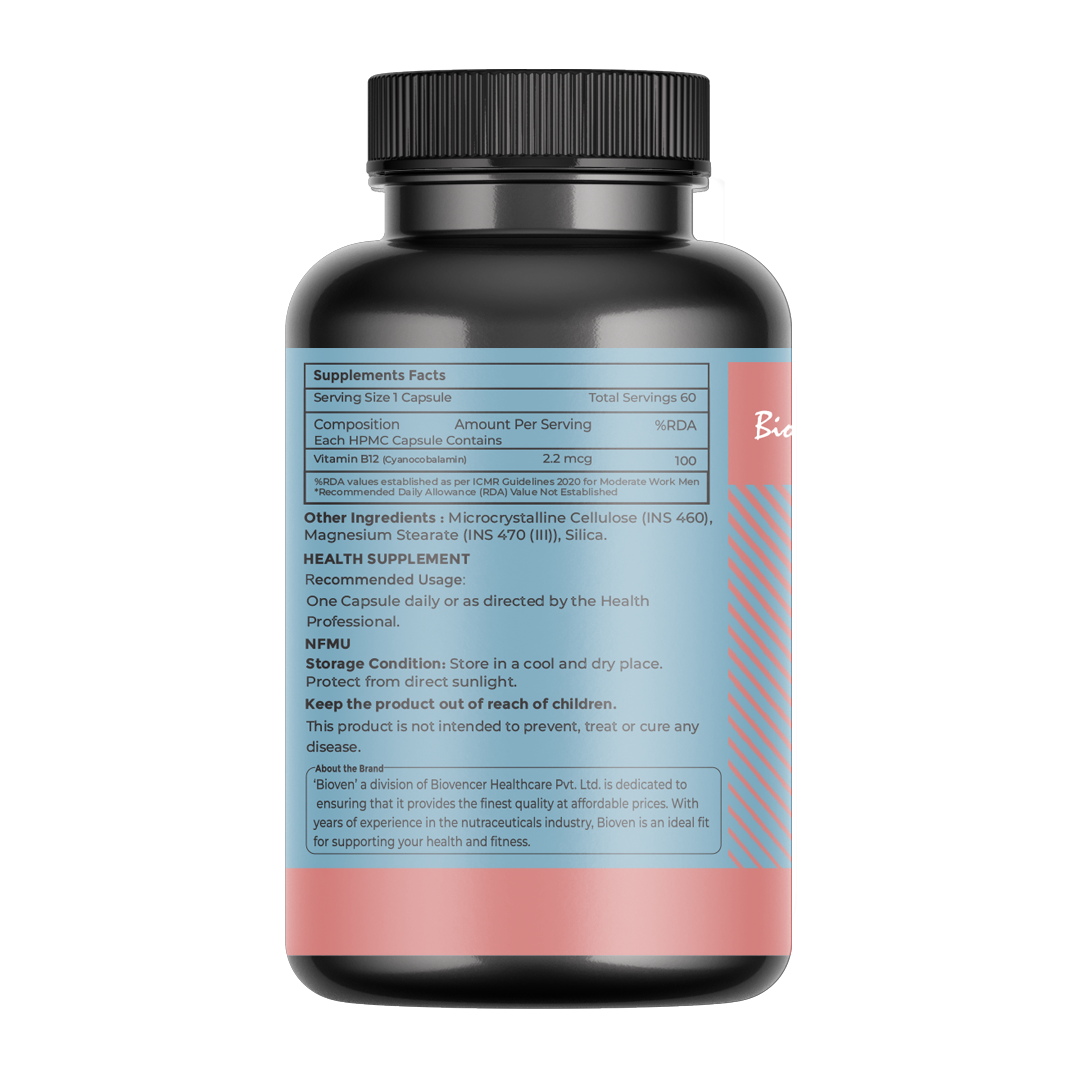 Bioven Vitamin B12 60 Veg Capsules – Cobalamin Supplement for Energy Production, Nerve Health & Red Blood Cell Support