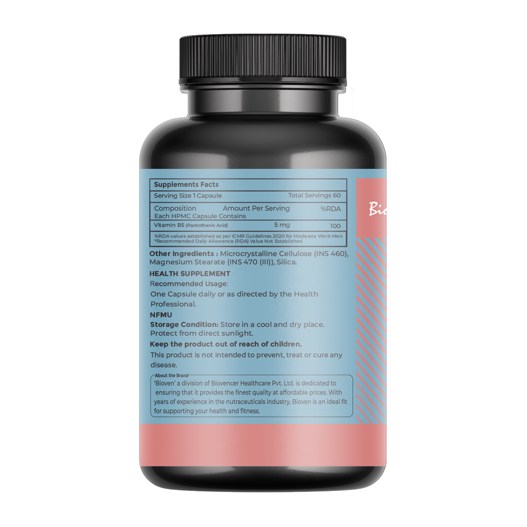 Bioven Vitamin B5 (Pantothenic Acid) 60 Veg Capsules – Supports Energy Metabolism, Skin Health & Stress Response