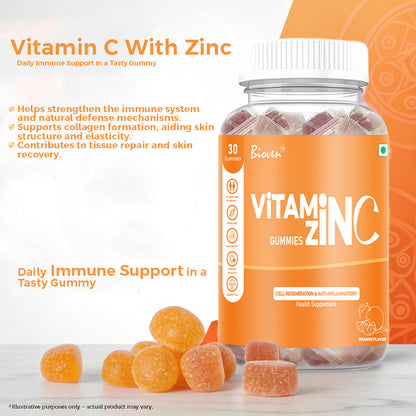 Bioven Vitamin C + Zinc Gummies – Pack Of 30 -Immune Support Gummies with Antioxidant Protection & Daily Wellness