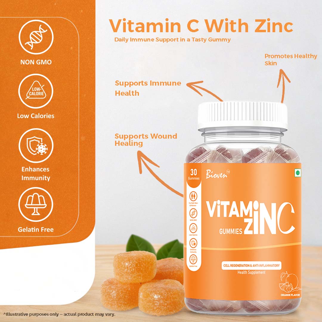 Bioven Vitamin C + Zinc Gummies – Pack Of 30 -Immune Support Gummies with Antioxidant Protection & Daily Wellness