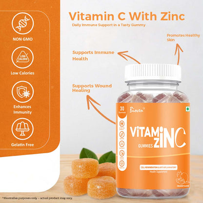 Bioven Vitamin C + Zinc Gummies – Pack Of 30 -Immune Support Gummies with Antioxidant Protection & Daily Wellness