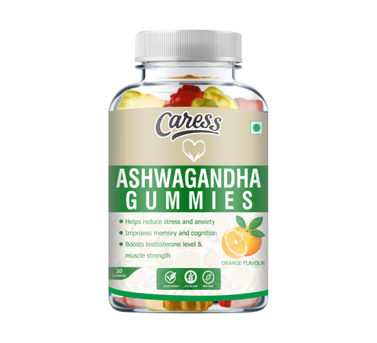 Caress Ashwagandha – Stress Relief| Wellness Rejuvenates mind & Body |Anti-Anxiety Support| Contain 250mg Ashwagandha with Vitamin E| Orange Flavour - 30 Gummies (Pack of 1)