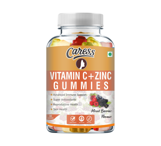 Caress Vitamin C with Zinc Gummies– For Kids, Teenagers, Women & Men| Immunity Booster |Antioxidants| Contain Vitamin C with Zinc| Mixed Berry Flavour - 30 Gummies (Pack of 1)