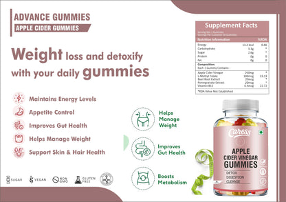 Caress Apple Cider Vinegar Gummies - Help Boost Immunity, Support Detox & Digestive Health| Contain 250mg ACV with Beet Root Extract, Pomegranate | Green Apple Flavour - 30 Gummies (Pack of 1)