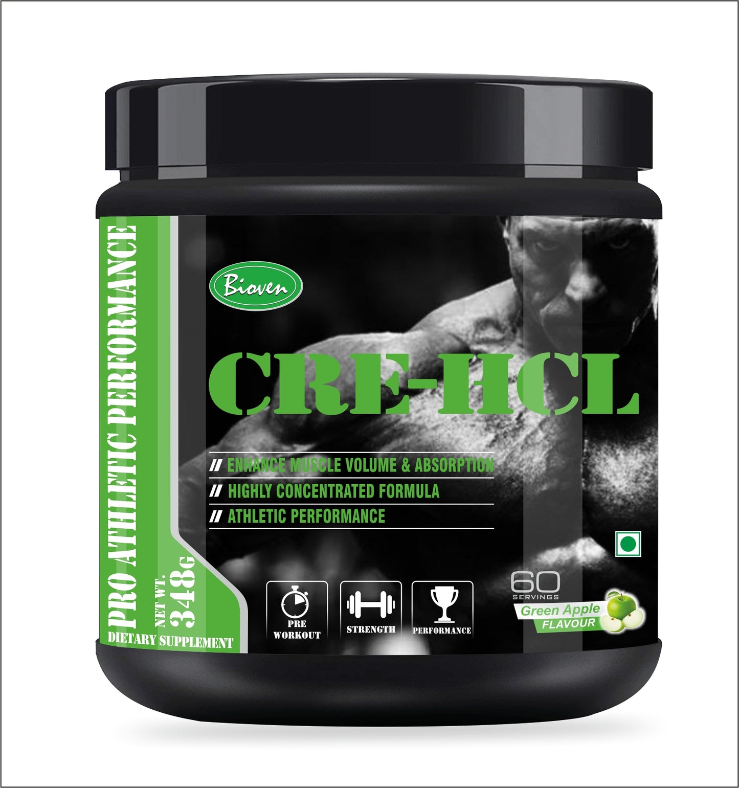 Bioven Creatine-HCL | Green Apple Flavour | 348g | Pre-Workout |  Build Muscle | Relies Muscle Pain |