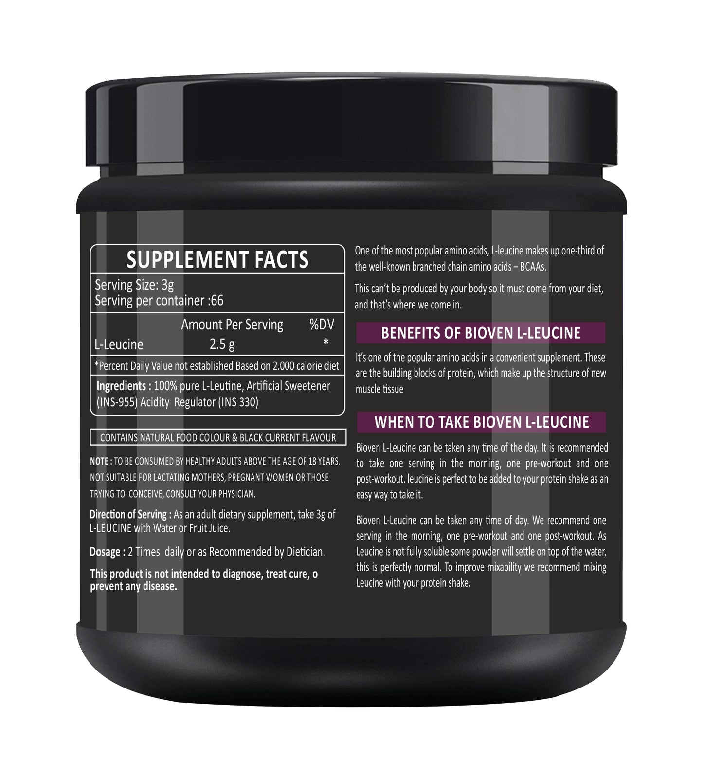 Bioven L-Leucine | Black Currant Flavour | 200g | Fast Muscle Repair | Pre-Workout | Improve Athletic Performance |