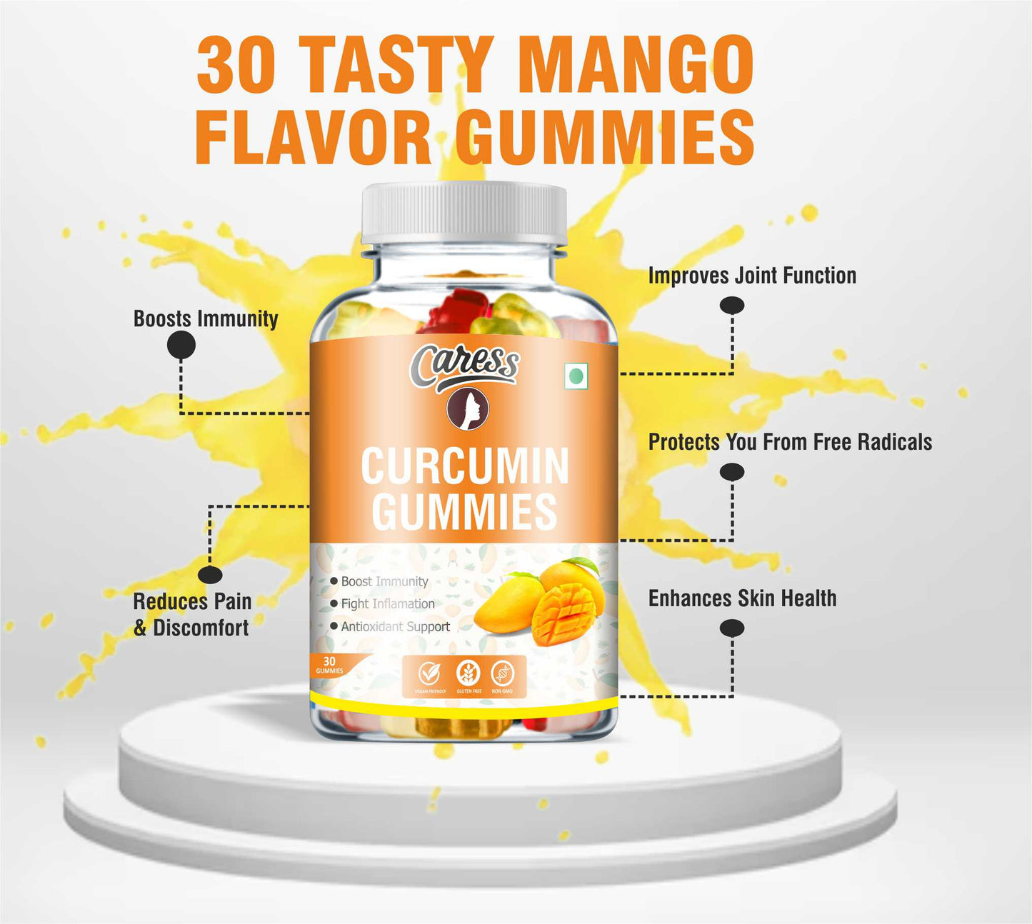 Caress Curcumin Gummies– Natural Antioxidant| Anti-inflammation |Boost Immunity| Contain Curcumin Extract with Piperine| Mango Flavour - 30 Gummies (Pack of 1)