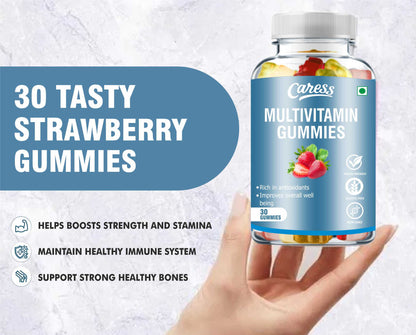 Caress Multivitamin Gummies– For the whole family| for growth, Development & Immunity| Contain Essential Vitamins with Minerals| Strawberry Flavour - 30 Gummies (Pack of 1)