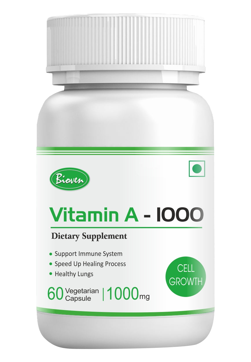 Bioven Vitamin A-1000 | Improvement in Vision | Reduces Acne | Reduces the Symptoms of Ageing | Pack of 60 Capsule