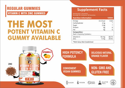 Caress Vitamin C with Zinc Gummies– For Kids, Teenagers, Women & Men| Immunity Booster |Antioxidants| Contain Vitamin C with Zinc| Mixed Berry Flavour - 30 Gummies (Pack of 1)